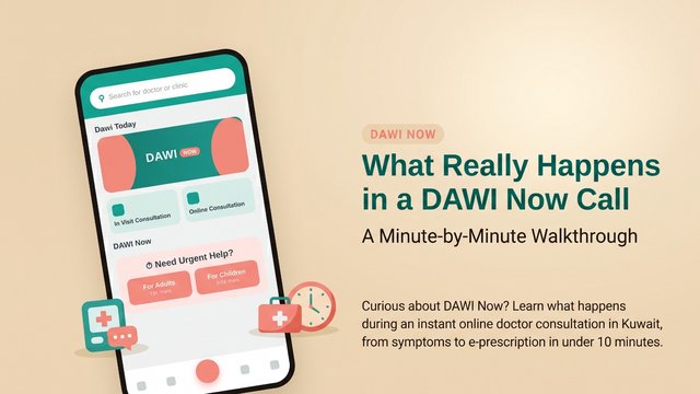 DAWI Now video consultation walkthrough banner showing smartphone app interface