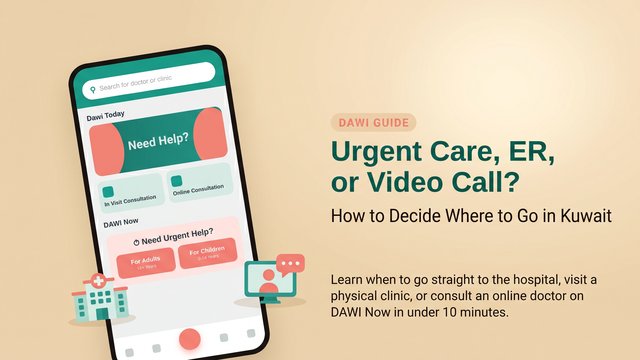 DAWI Guide banner comparing hospital ER, physical clinic, and online doctor consultation in Kuwait