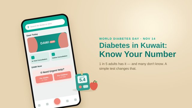 Dawi app on a phone with a glucose meter — World Diabetes Day, Kuwait